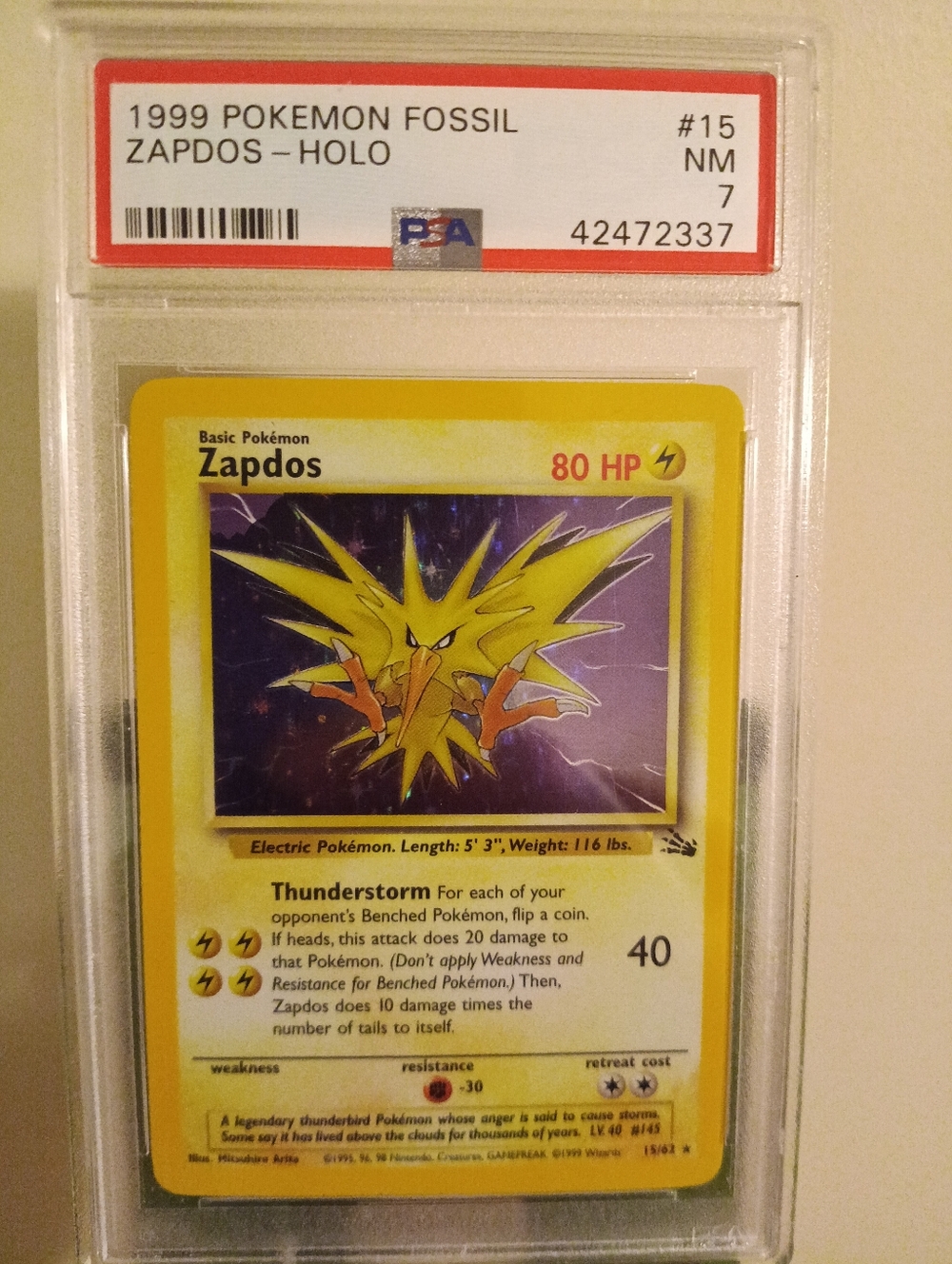 🛑🚨⛔SOLD!!!⛔🚨🛑1999 POKEMON FOSSIL #15 ZAPDOS - HOLO PSA 7